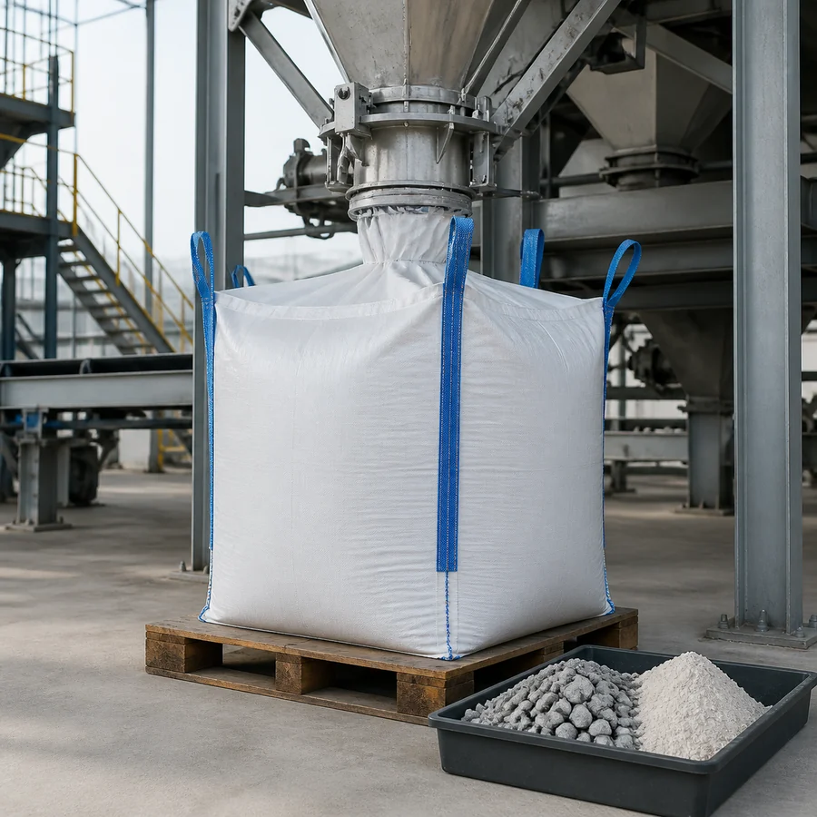 FIBC under a mineral hopper with sand, cement and aggregate samples