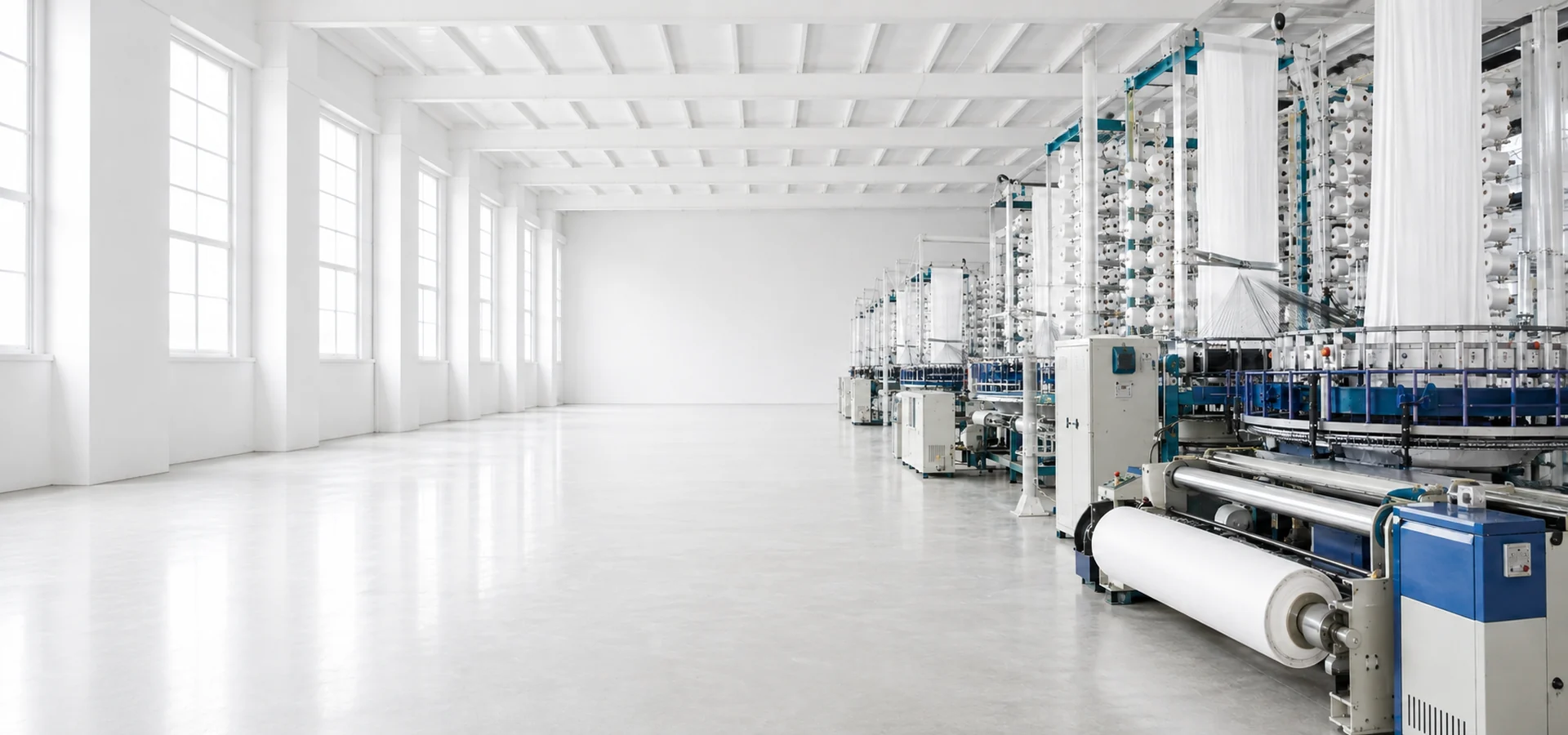 Polypropylene circular weaving equipment operating in an FIBC fabric production hallslider_item_1