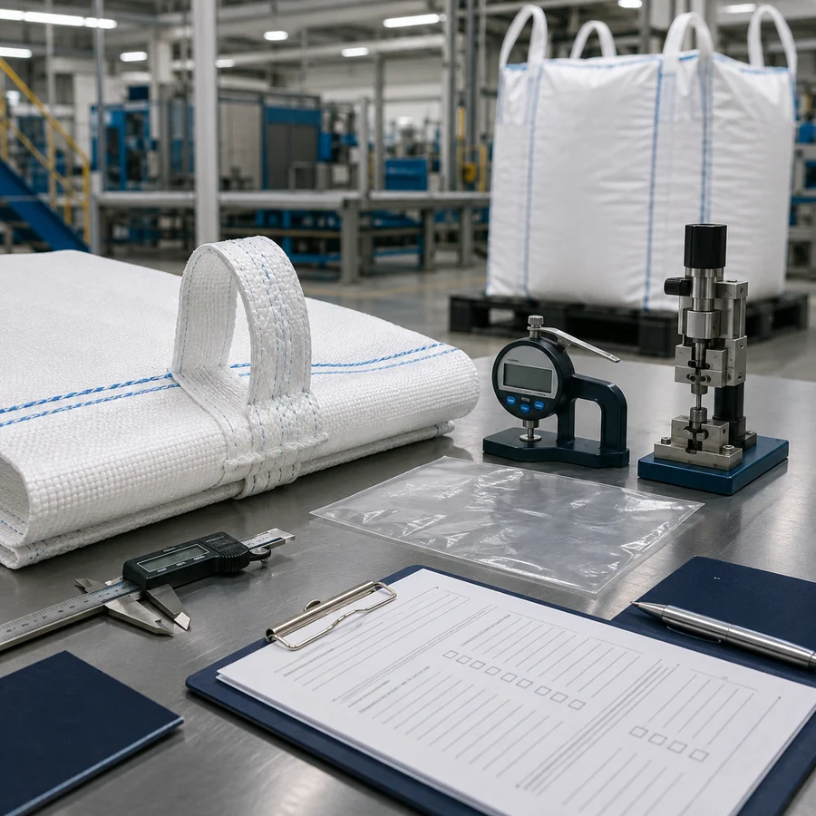 FIBC fabric, seam, liner, measuring tools and inspection checklist on a QC table