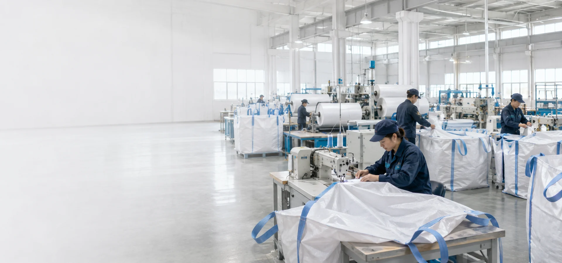 FIBC production line with industrial sewing equipment and finished white bulk bagsslider_item_factory_equipment