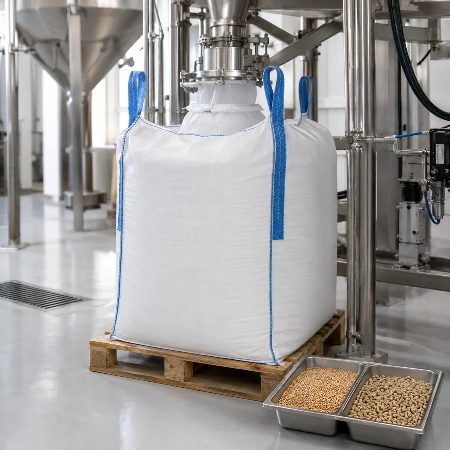 Food-grade FIBC at a grain and feed filling line with material samples