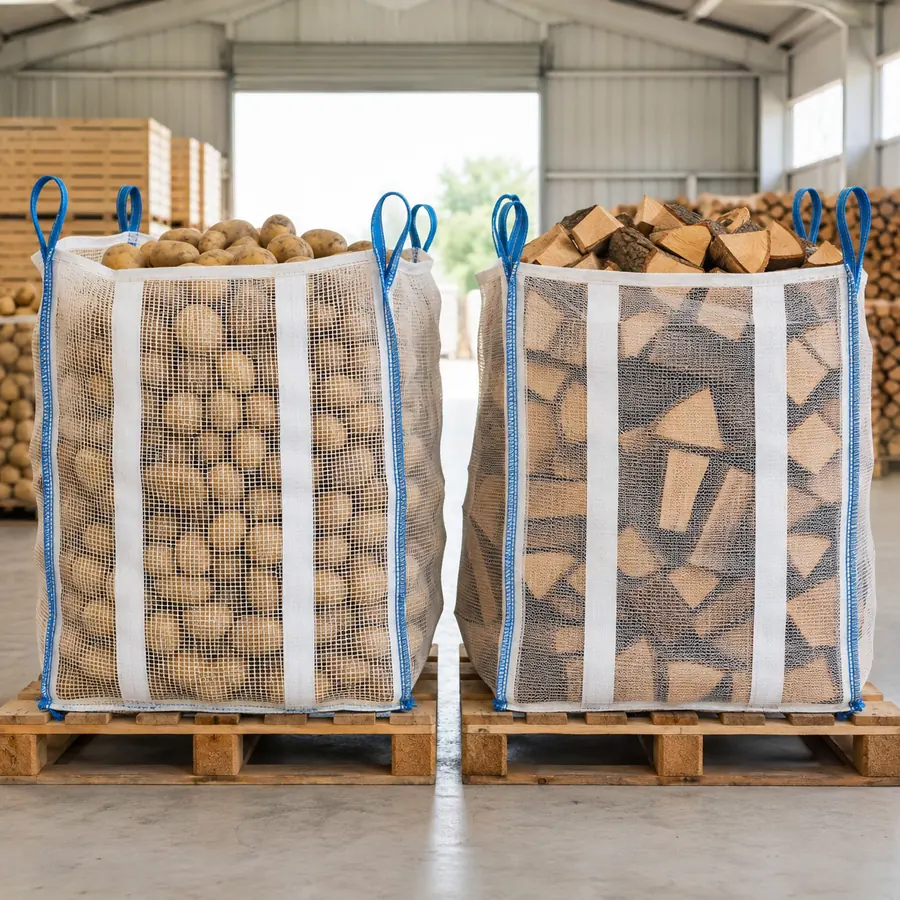 Ventilated FIBC bags filled with potatoes and firewood
