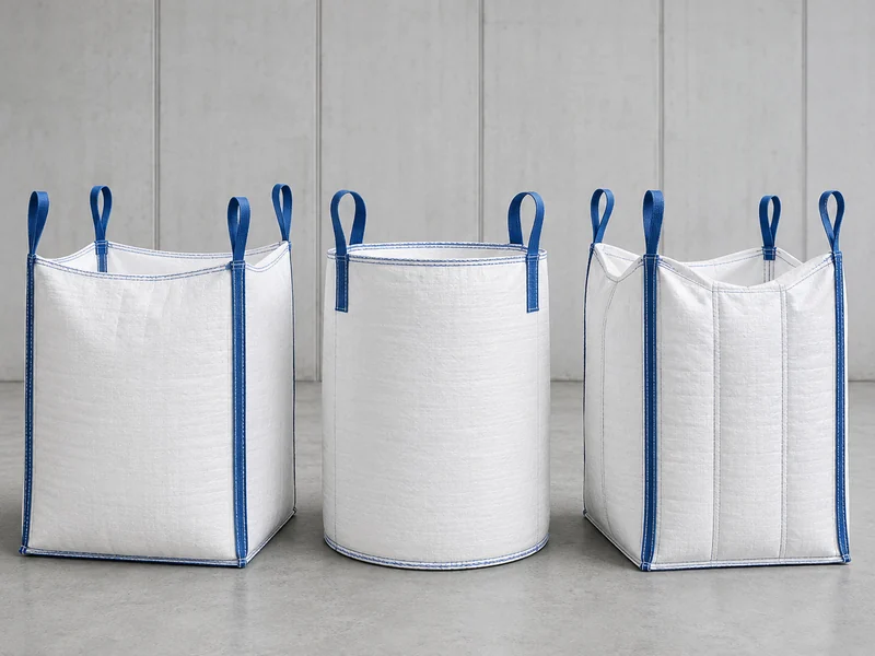 Three FIBC body constructions: U-panel, tubular and four-panel baffle bags