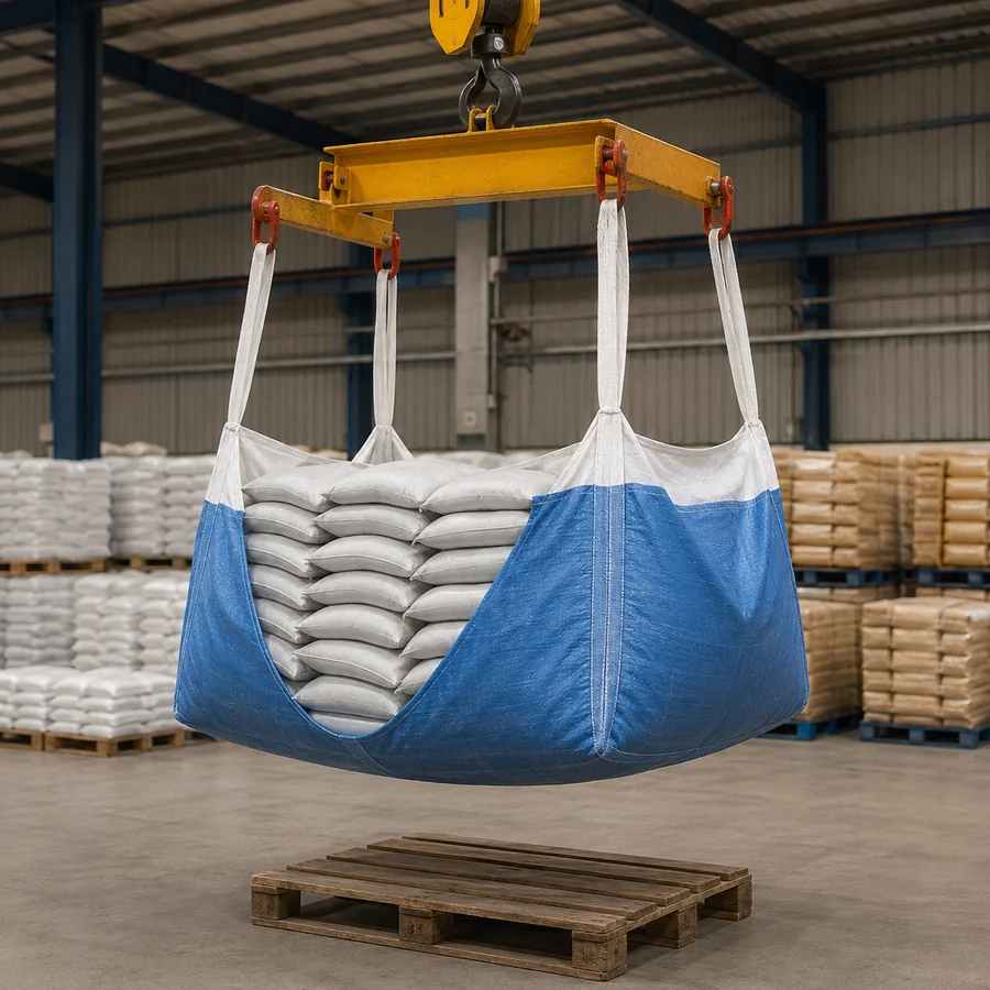 Industrial sling bag lifting grouped sealed sacks with a spreader beam