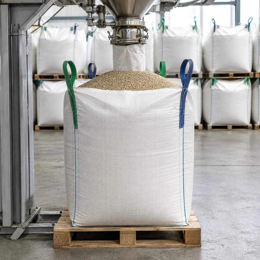 FIBC filled with fertilizer granules at an industrial packing station