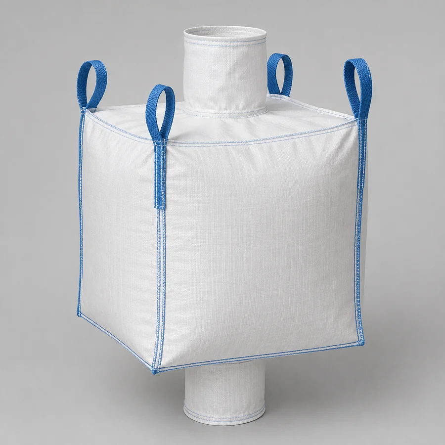 U-panel FIBC with top filling spout, bottom discharge spout and four lifting loops