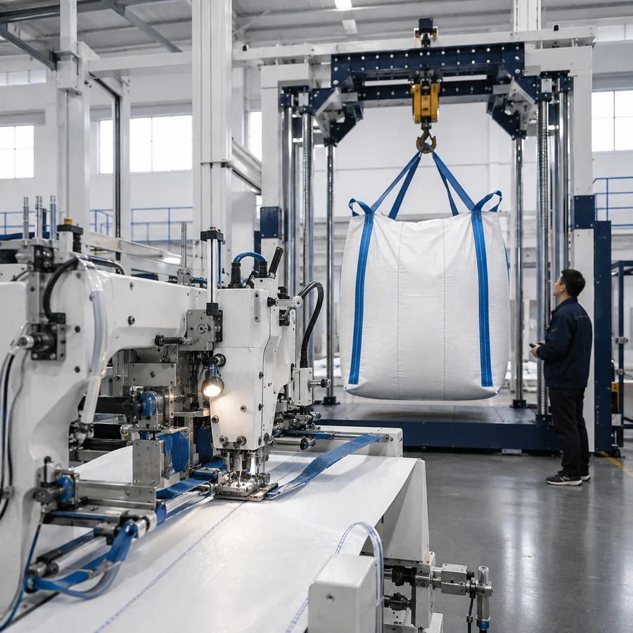 Heavy-duty sewing machine and finished FIBC inspection frame in a factory
