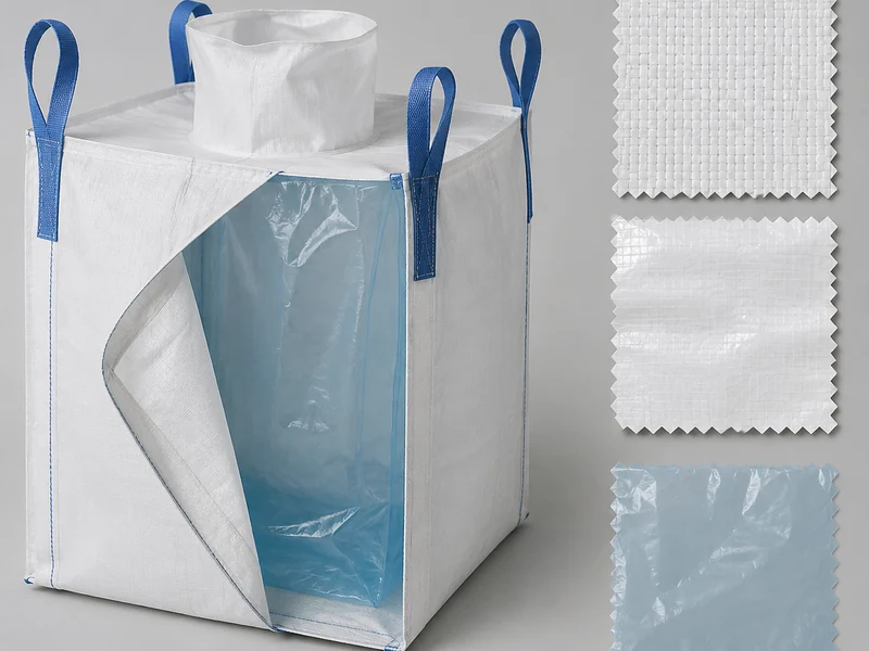 White woven PP FIBC cutaway showing a separate PE liner and fabric samples