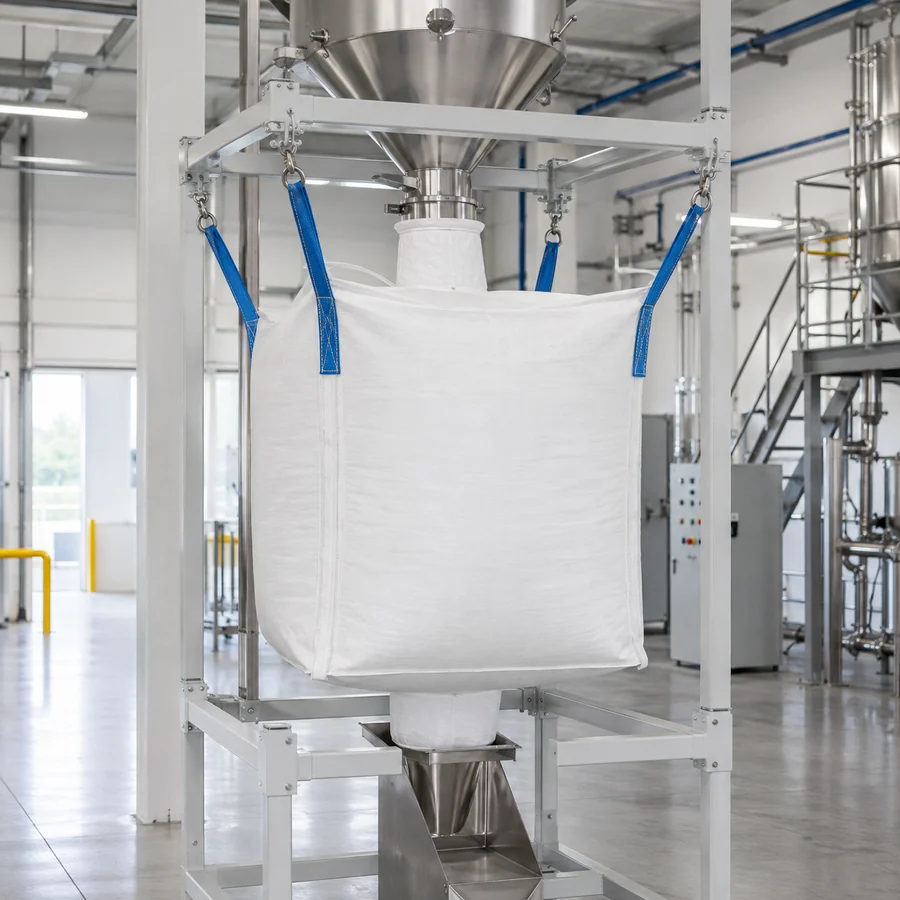 FIBC mounted between a filling hopper, lifting hooks and a discharge chute