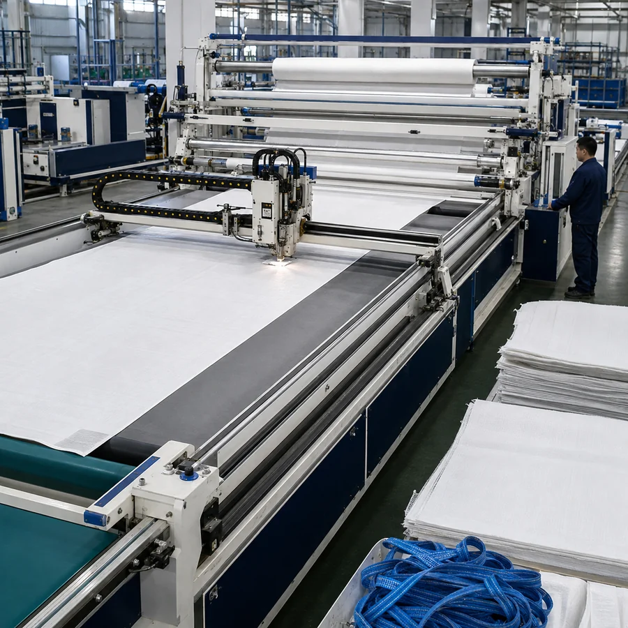 Automated cutting line preparing woven polypropylene panels for FIBC assembly