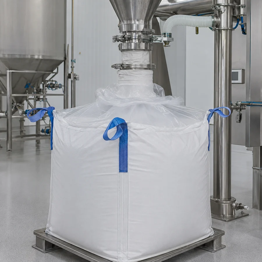 Coated lined FIBC connected to enclosed powder filling equipment
