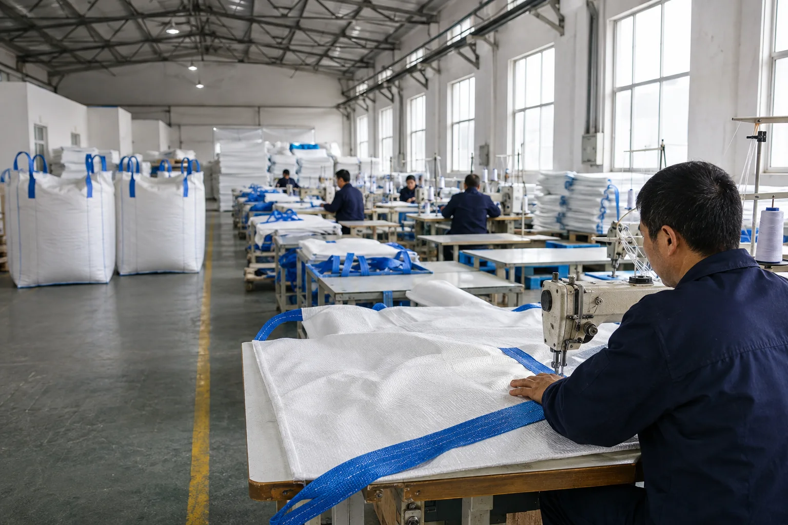 AI illustration of an FIBC bulk bag sewing workshop with white woven bags and blue lifting straps