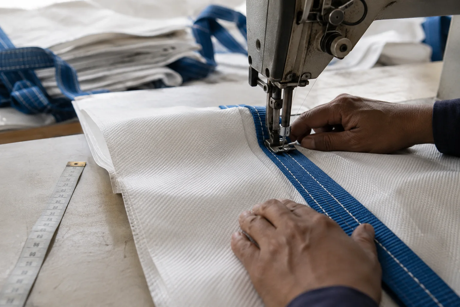 AI illustration of woven PP fabric and blue lifting webbing being sewn together