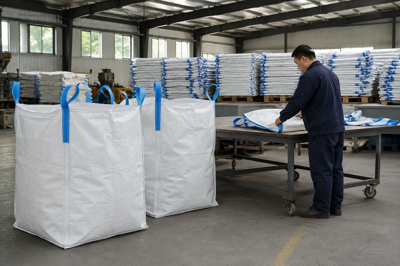 AI illustration of finished FIBC bulk bags and folded bags in a workshop finishing area