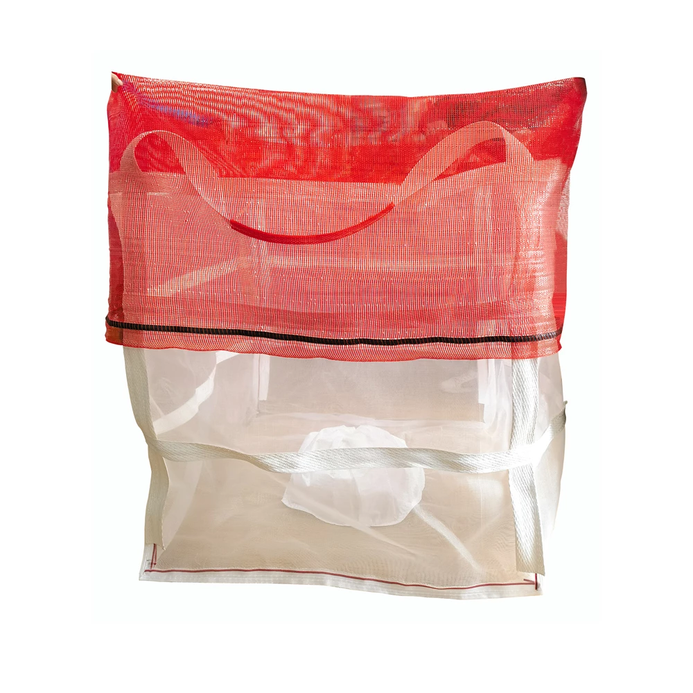 Red and white breathable potato bag shown in the catalog