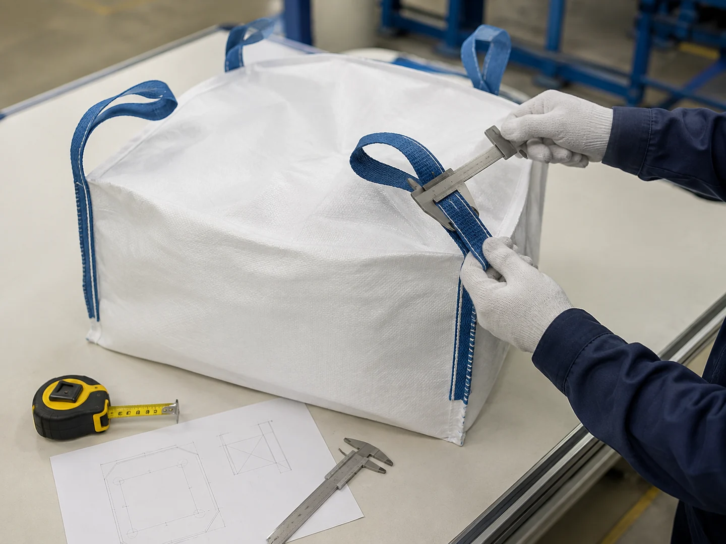Technician measuring a blue lifting loop on a white woven polypropylene FIBC during specification review.