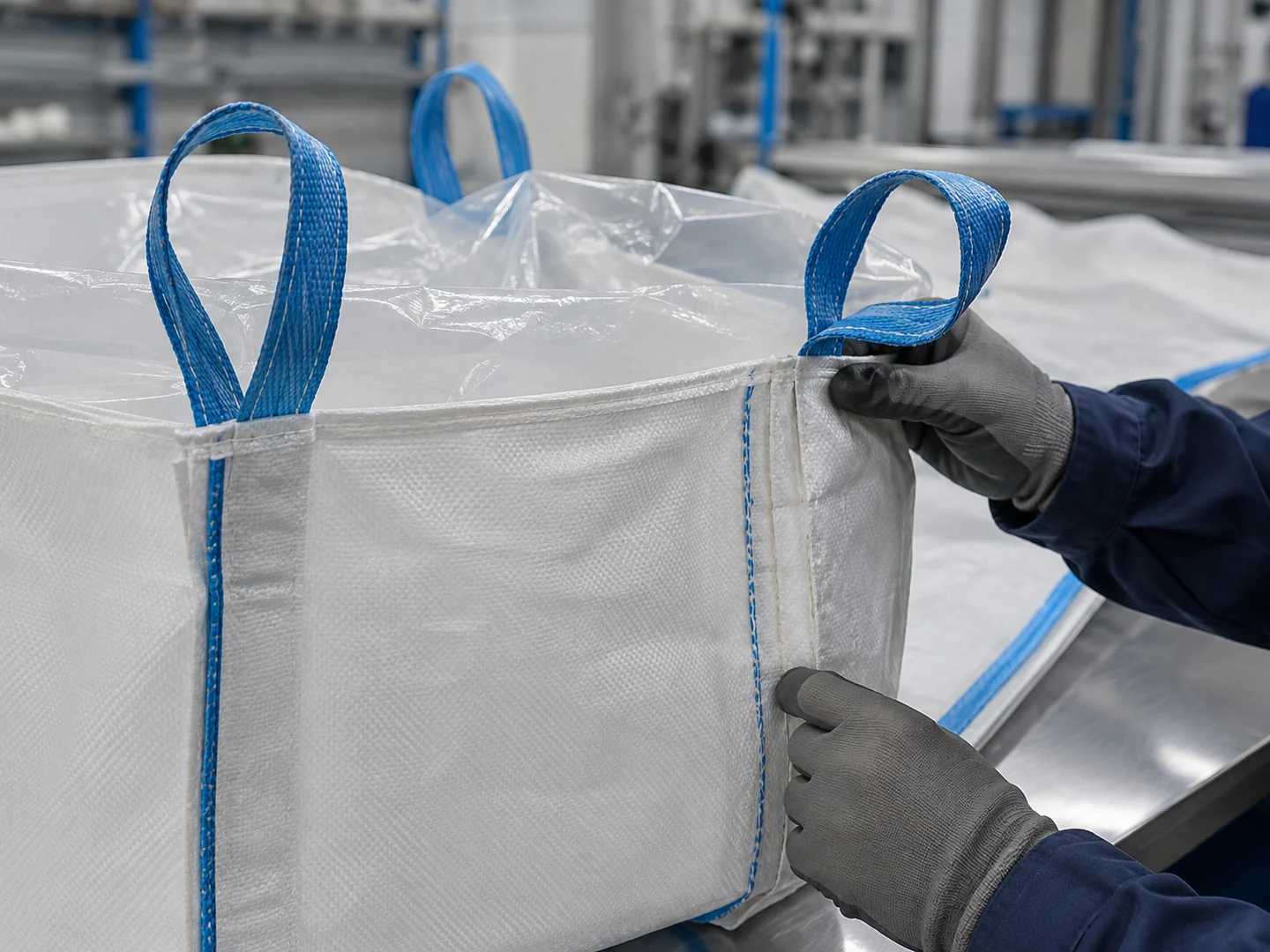 Close-up factory inspection of a white woven polypropylene FIBC with blue lifting loops, reinforced seams and a clear PE liner.