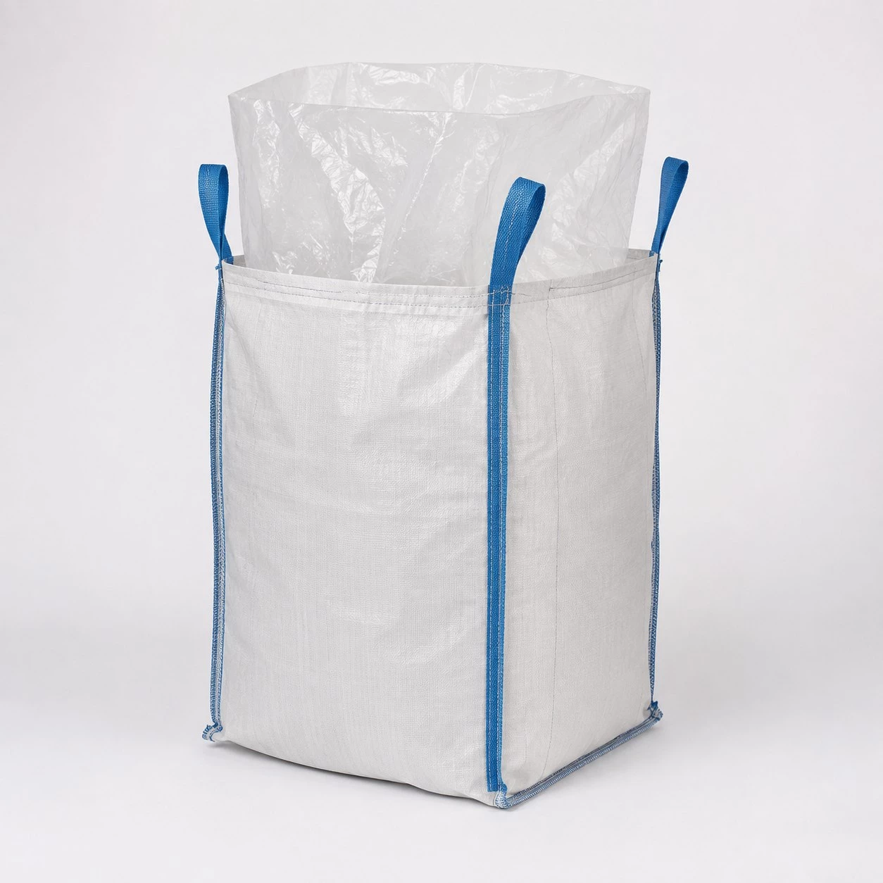 Unbranded illustration of a white U-panel FIBC with a separate clear PE liner